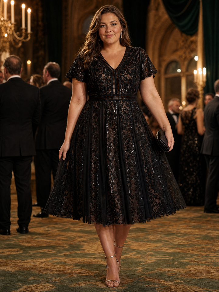 Lace Flutter Sleeve A-Line Wedding Guest Dress