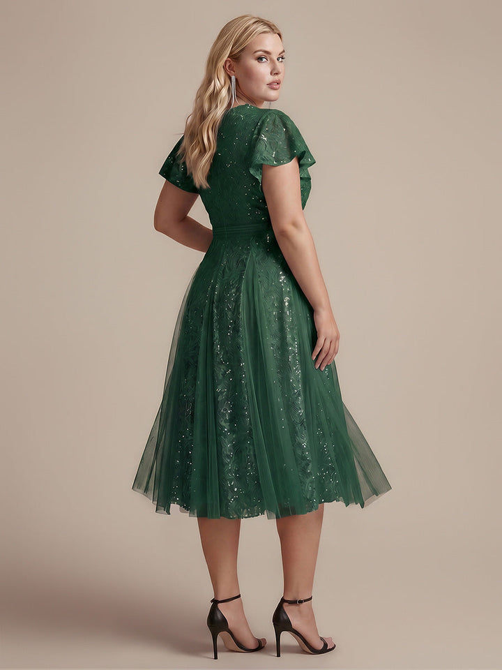 Plus Size Lace Ruffle Sleeve Wedding Guest Dress