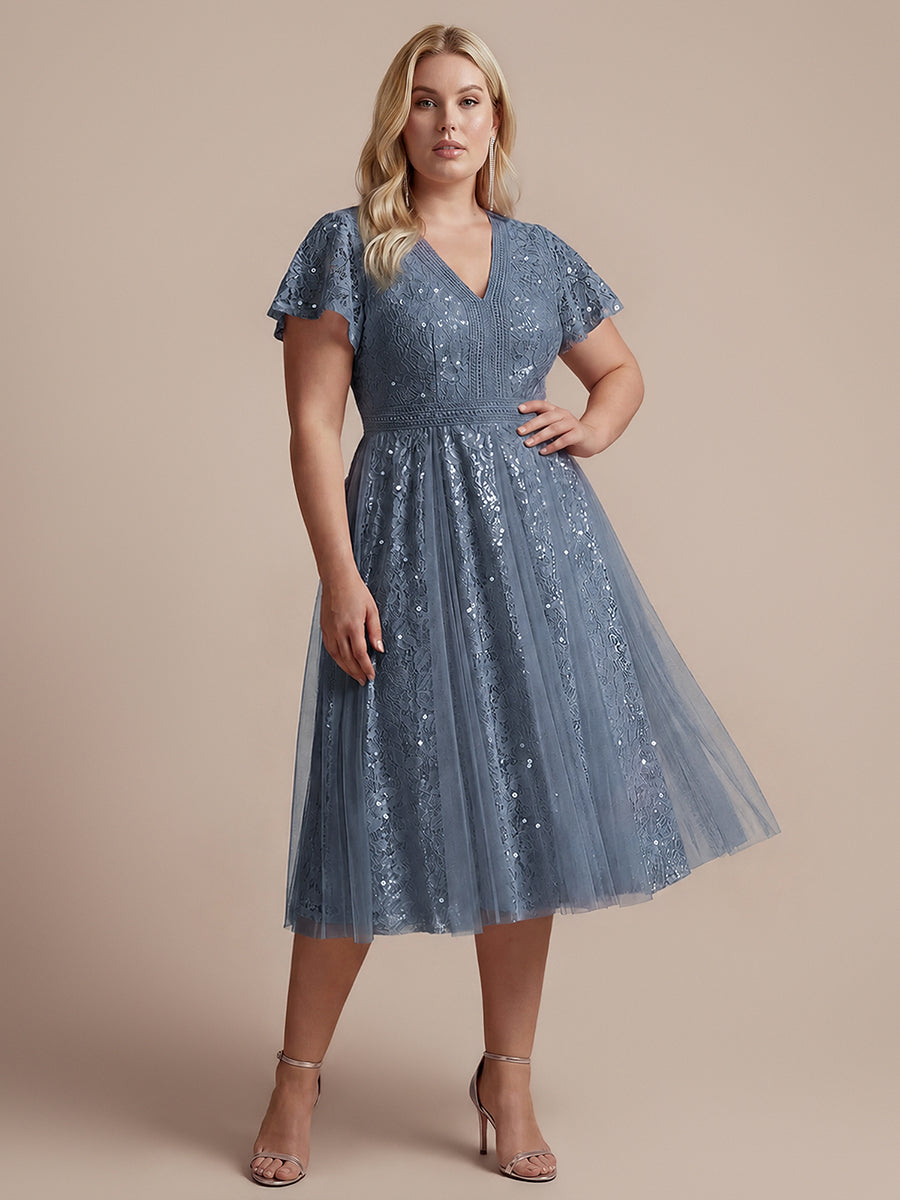 Lace Flutter Sleeve A-Line Wedding Guest Dress