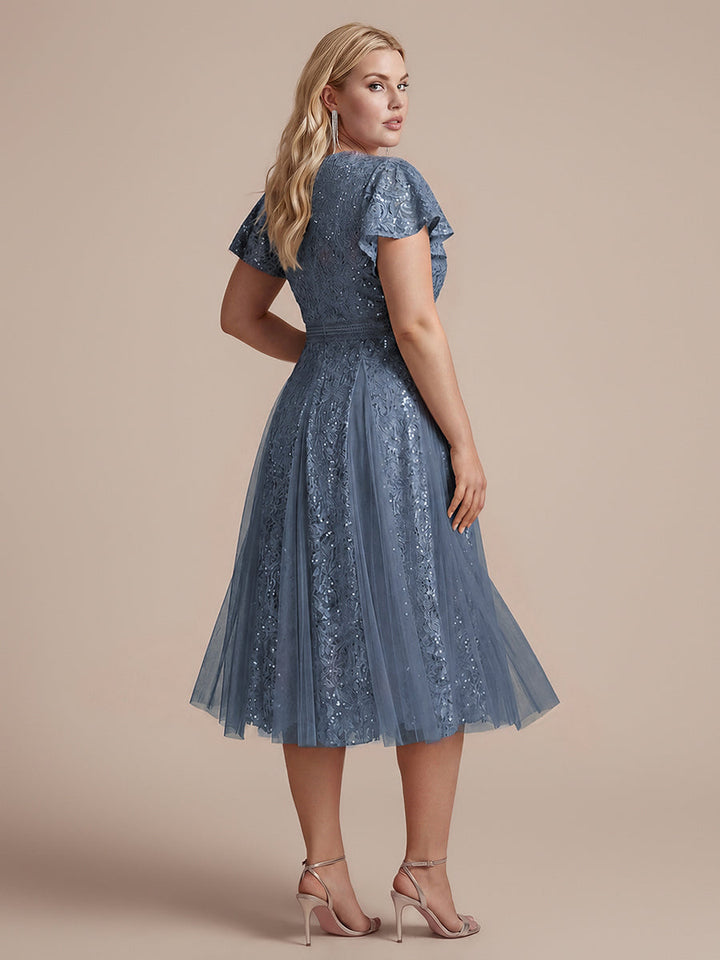 Lace Flutter Sleeve A-Line Wedding Guest Dress