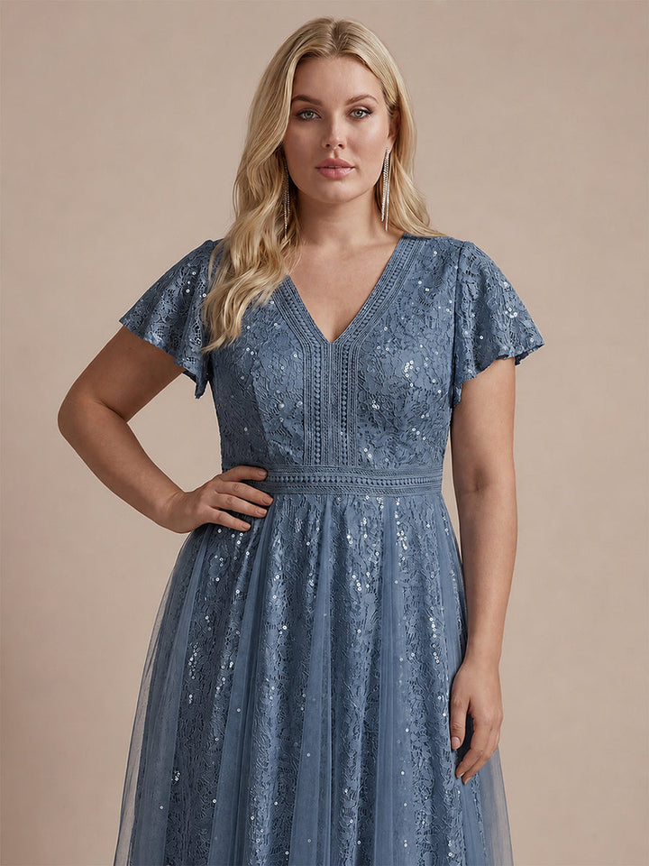 Lace Flutter Sleeve A-Line Wedding Guest Dress