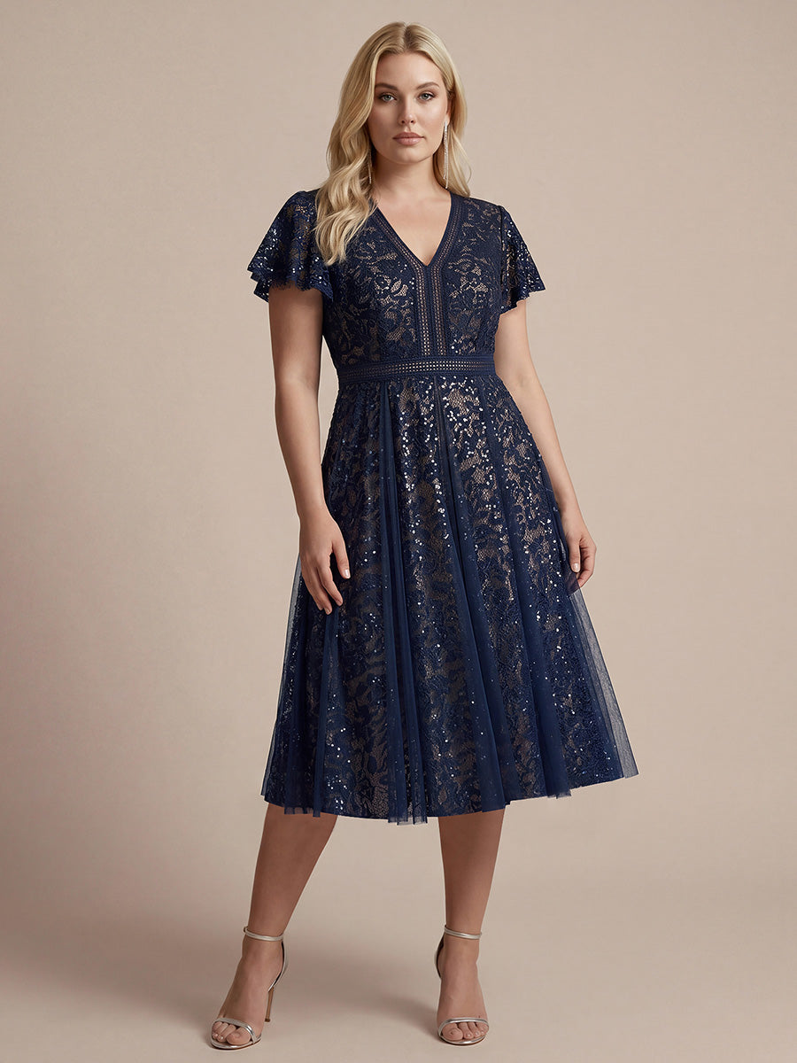 Plus Size Lace Ruffle Sleeve Wedding Guest Dress