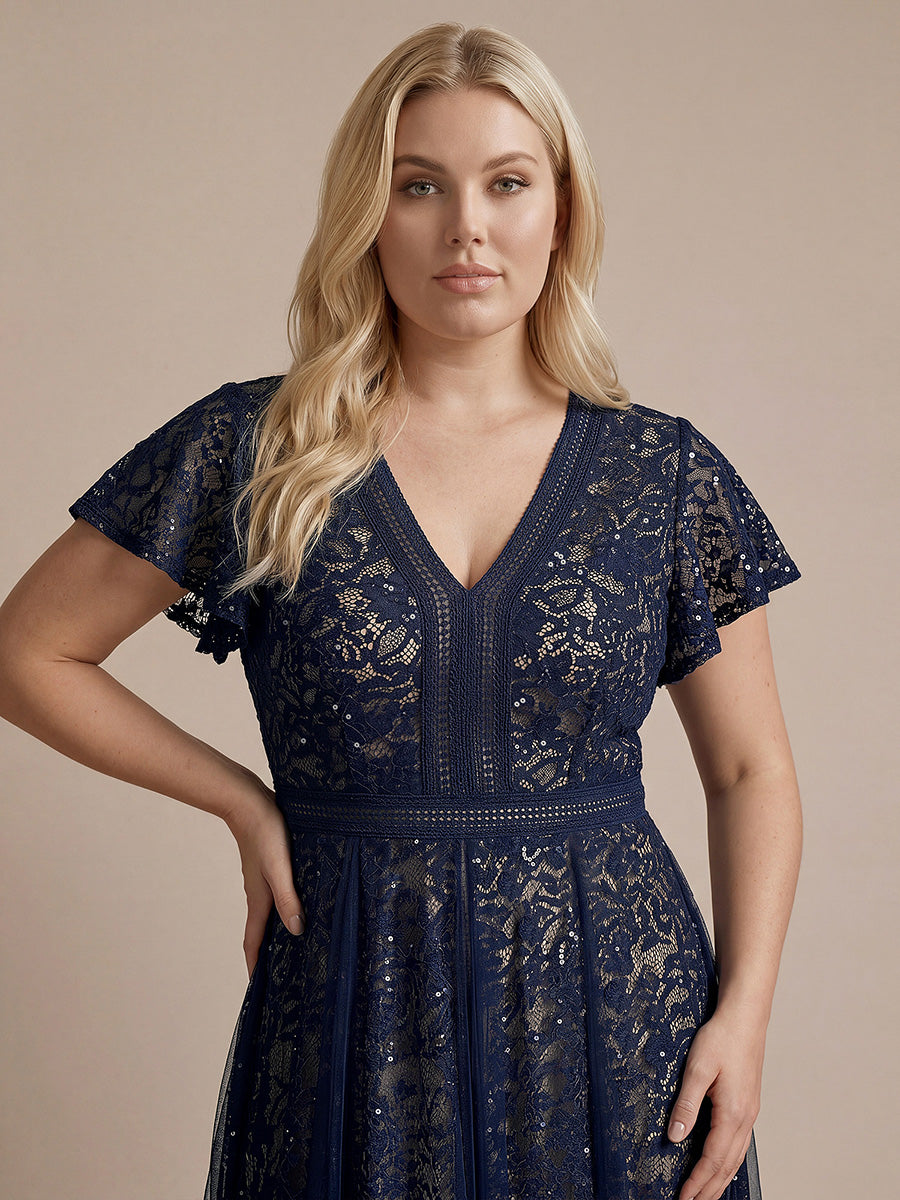 Plus Size Lace Ruffle Sleeve Wedding Guest Dress