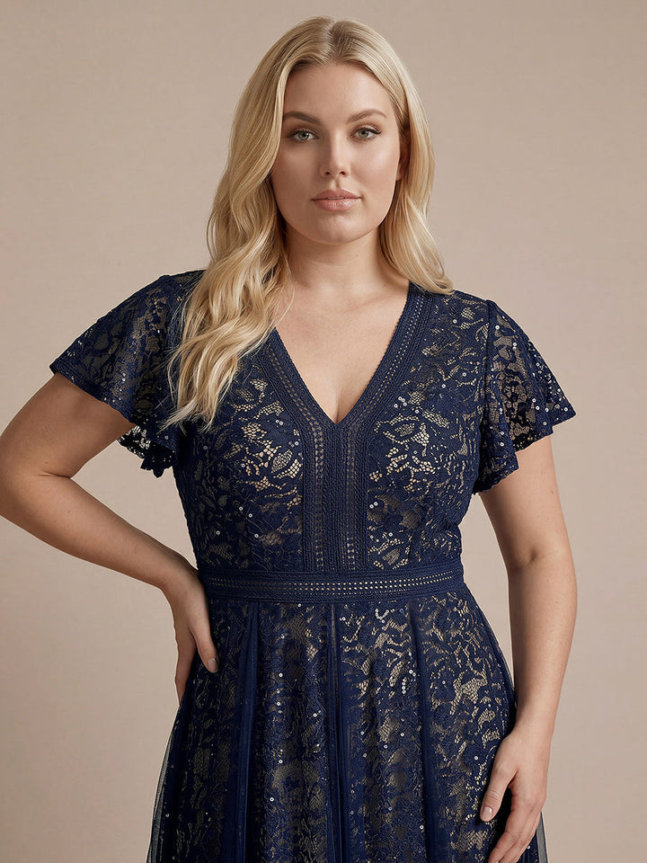 Lace Flutter Sleeve A-Line Wedding Guest Dress