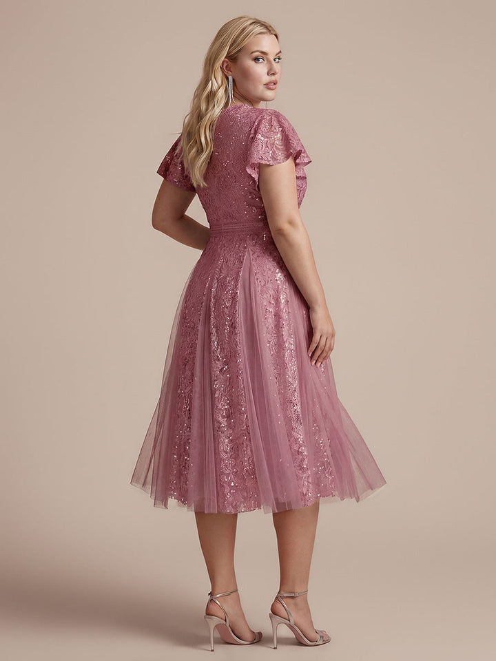 Plus Size Lace Ruffle Sleeve Wedding Guest Dress