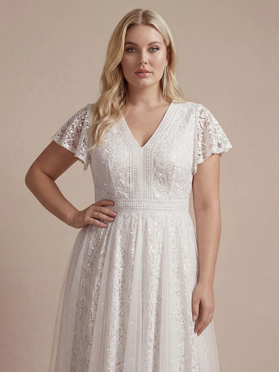 Lace Flutter Sleeve A-Line Wedding Guest Dress
