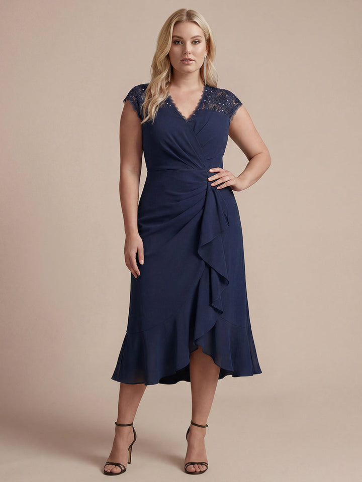 Plus Size Lace Cap Sleeve Wedding Guest Dress