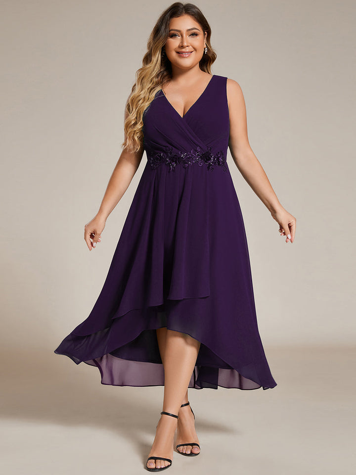 pretty IRYS|Sleeveless V-Neck High Low Plus Size Wedding Guest Dress with Floral Applique