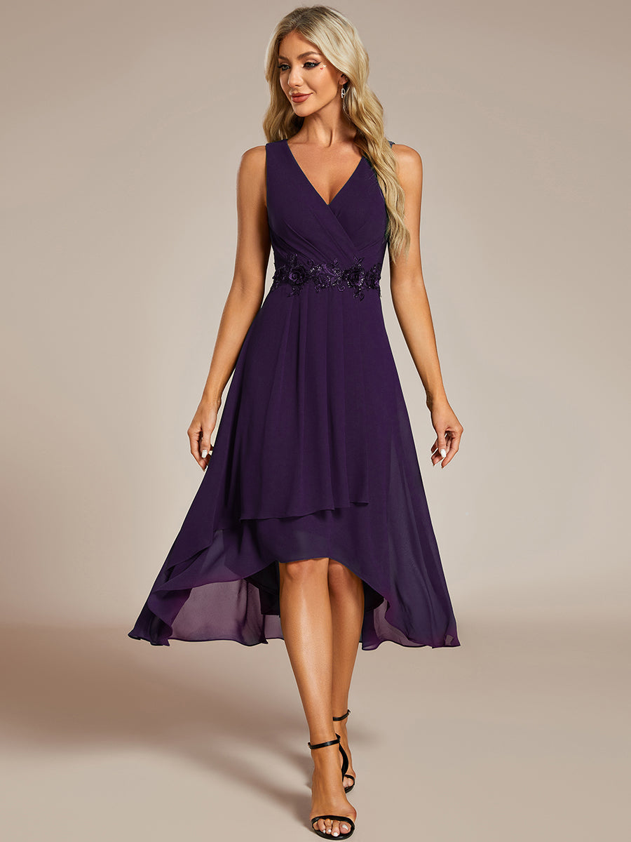 ever IRYS|Sleeveless V-Neck High Low Wedding Guest Dress with Floral Applique