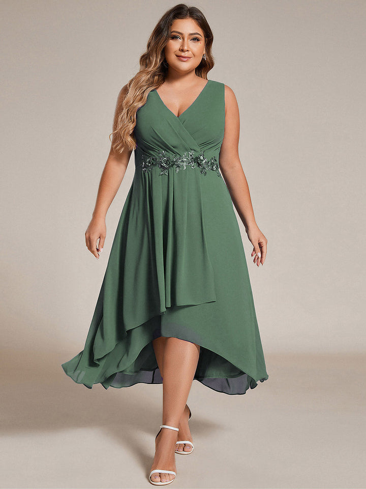 pretty IRYS|Sleeveless V-Neck High Low Plus Size Wedding Guest Dress with Floral Applique