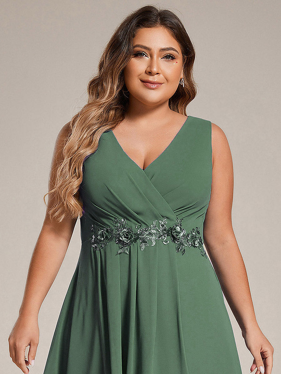 pretty IRYS|Sleeveless V-Neck High Low Plus Size Wedding Guest Dress with Floral Applique