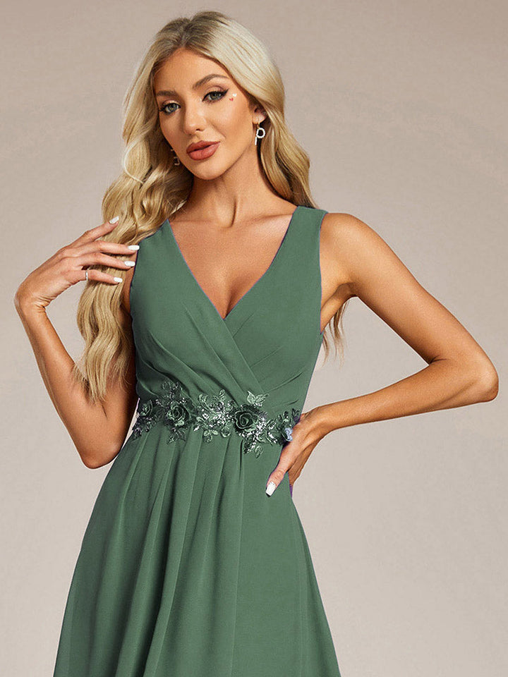 ever IRYS|Sleeveless V-Neck High Low Wedding Guest Dress with Floral Applique