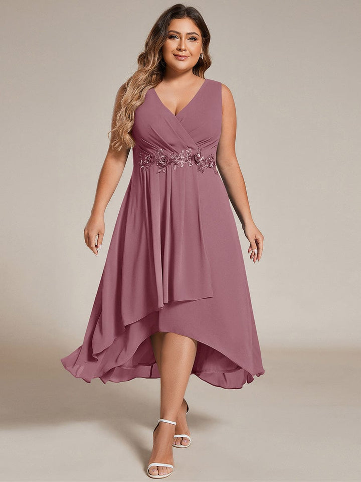 ever IRYS|Sleeveless V-Neck High Low Wedding Guest Dress with Floral Applique