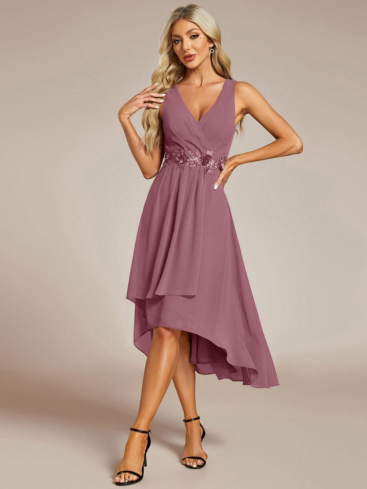 ever IRYS|Sleeveless V-Neck High Low Wedding Guest Dress with Floral Applique