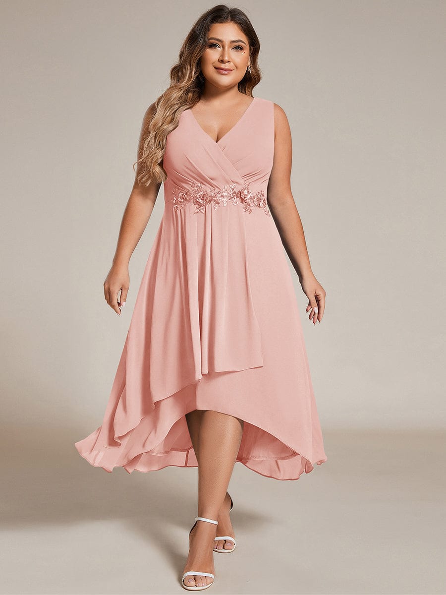 ever IRYS|Sleeveless V-Neck High Low Wedding Guest Dress with Floral Applique