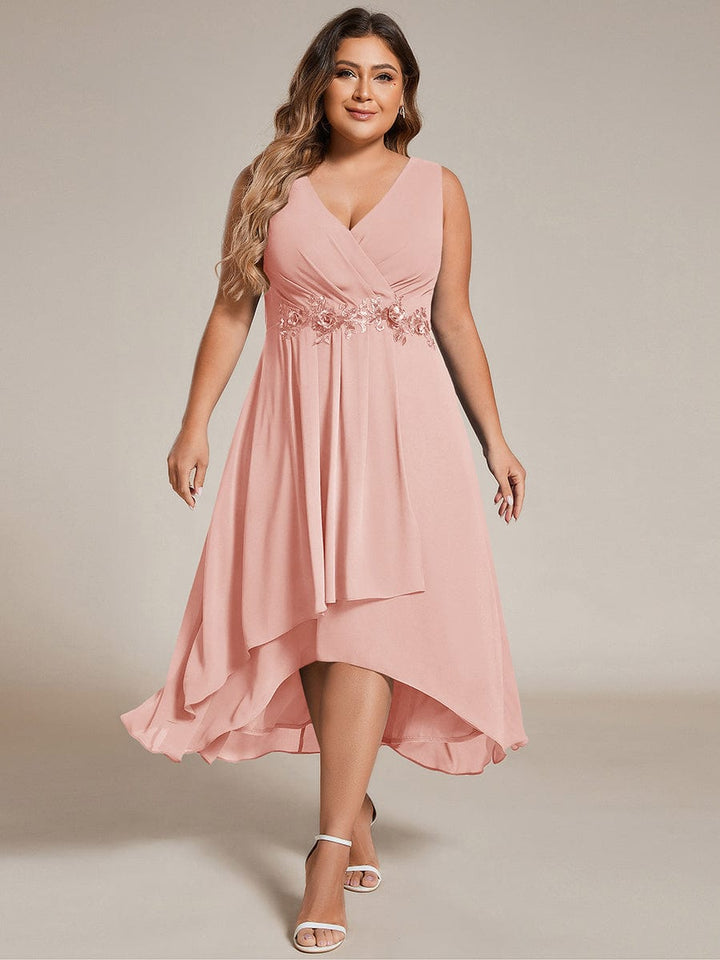 ever IRYS|Sleeveless V-Neck High Low Wedding Guest Dress with Floral Applique