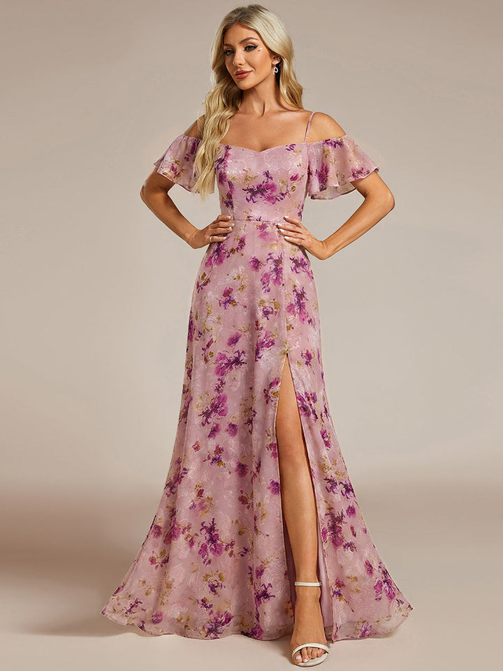ever REYA|Off Shoulder High Slit Chiffon Flowy Bridesmaid Dress