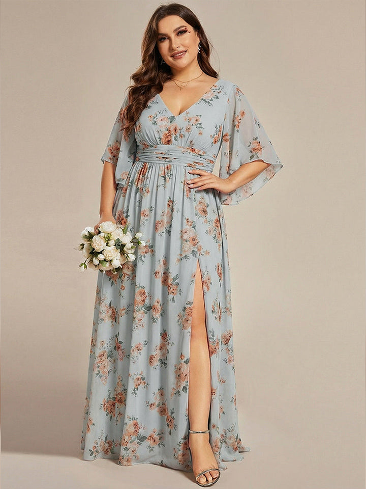 pretty ELYAN|Plus Size Printed Half Sleeve Pleated A-Line Chiffon Wedding Guest Dress