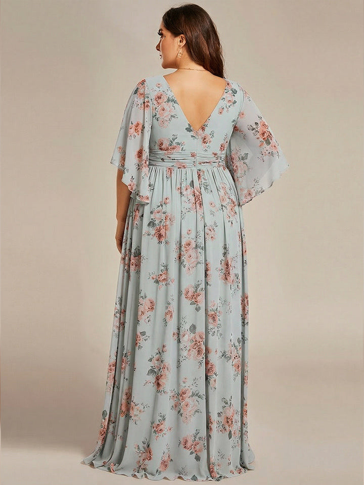 pretty ELYAN|Plus Size Half Sleeve Pleated A-Line V-Neck Chiffon Bridesmaid Dress