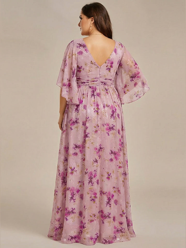 pretty ELYAN|Plus Size Printed Half Sleeve Pleated A-Line Chiffon Wedding Guest Dress