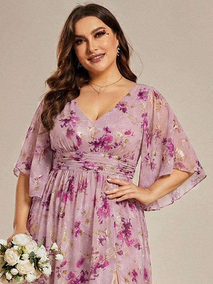 ever ELYAN|Half Sleeve V-Neck Pleated High Slit A-Line Chiffon Bridesmaid Dress