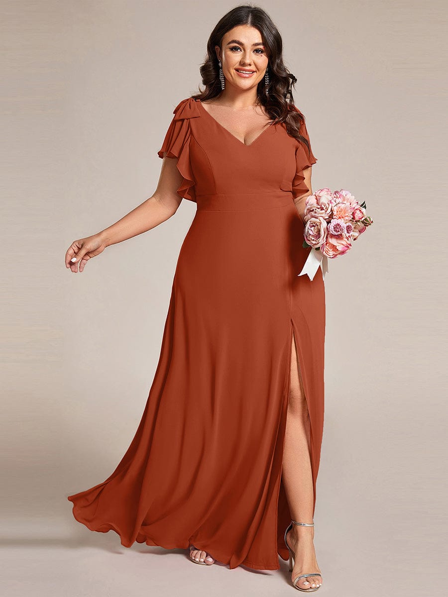 ever ROSY|Short Sleeves with Bowknot High Front Slit A-Line Chiffon Bridesmaid Dress