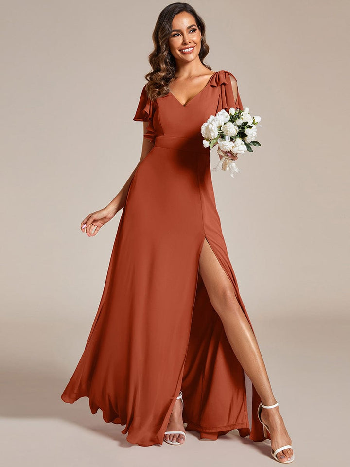 ever ROSY|Short Sleeves with Bowknot High Front Slit A-Line Chiffon Bridesmaid Dress