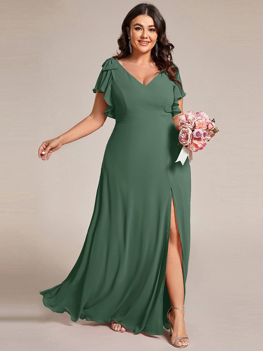 ever ROSY|Short Sleeves with Bowknot High Front Slit A-Line Chiffon Bridesmaid Dress