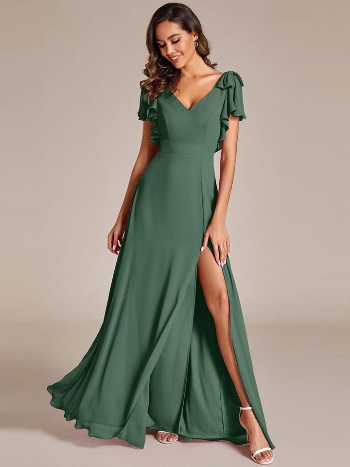 ever ROSY|Short Sleeves with Bowknot High Front Slit A-Line Chiffon Bridesmaid Dress