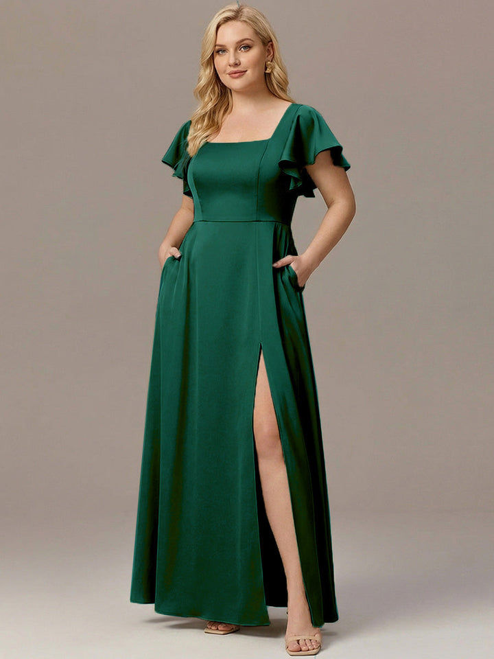 ever LIORIE|Plus Size Square Neck Flutter Sleeve Maxi Bridesmaid Dress with Pockets