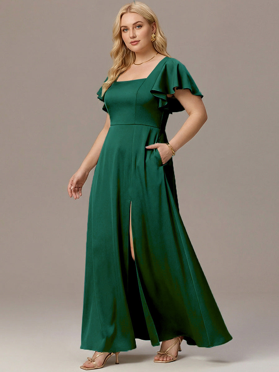 ever LIORIE|Satin Square Neck Short Sleeve Ruffled Maxi Bridesmaid Dress with Pockets