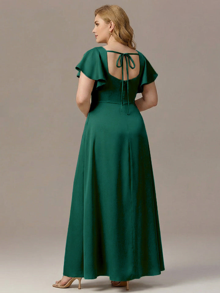 ever LIORIE|Satin Square Neck Short Sleeve Ruffled Maxi Bridesmaid Dress with Pockets