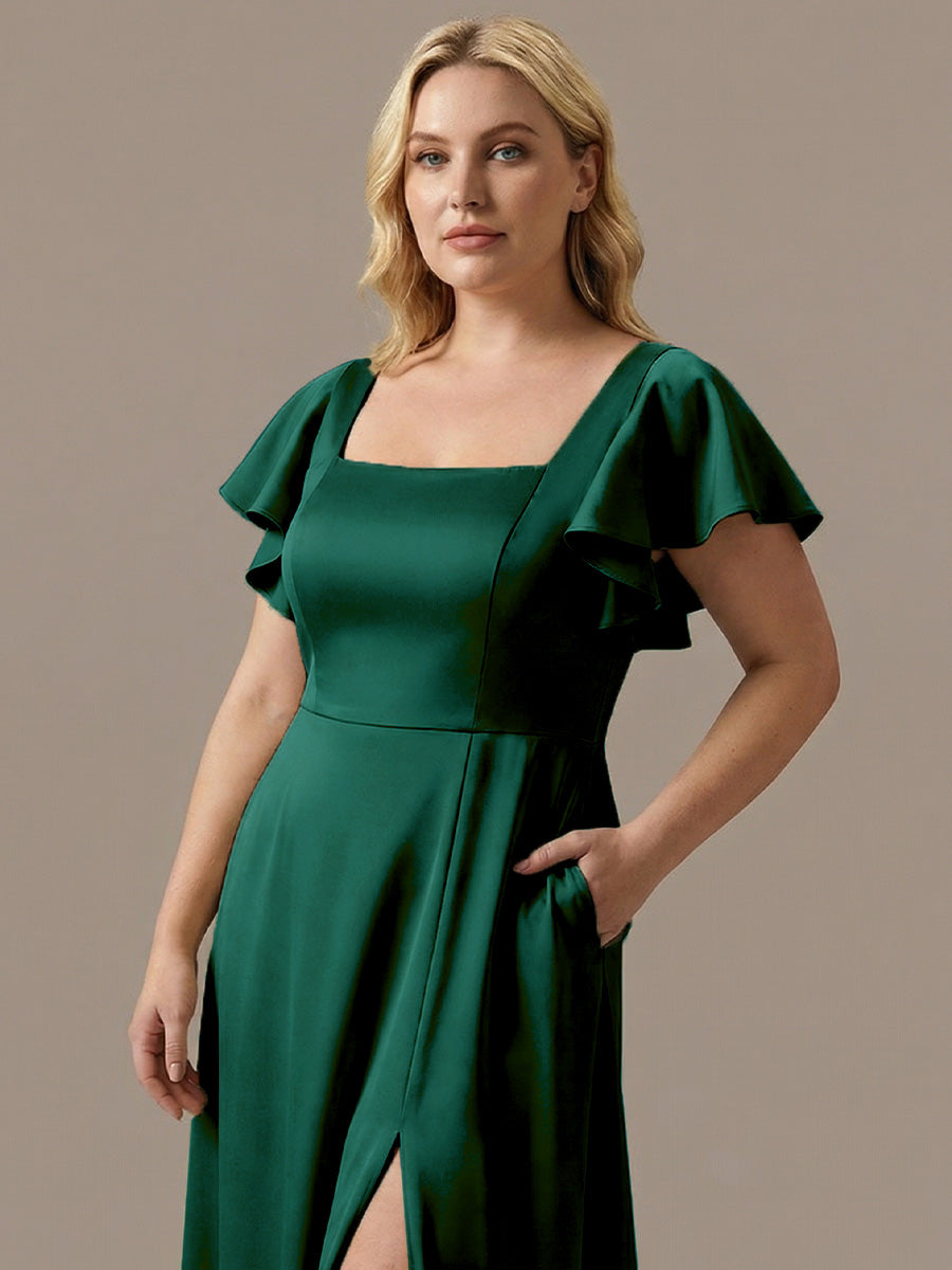 ever LIORIE|Plus Size Square Neck Flutter Sleeve Maxi Bridesmaid Dress with Pockets