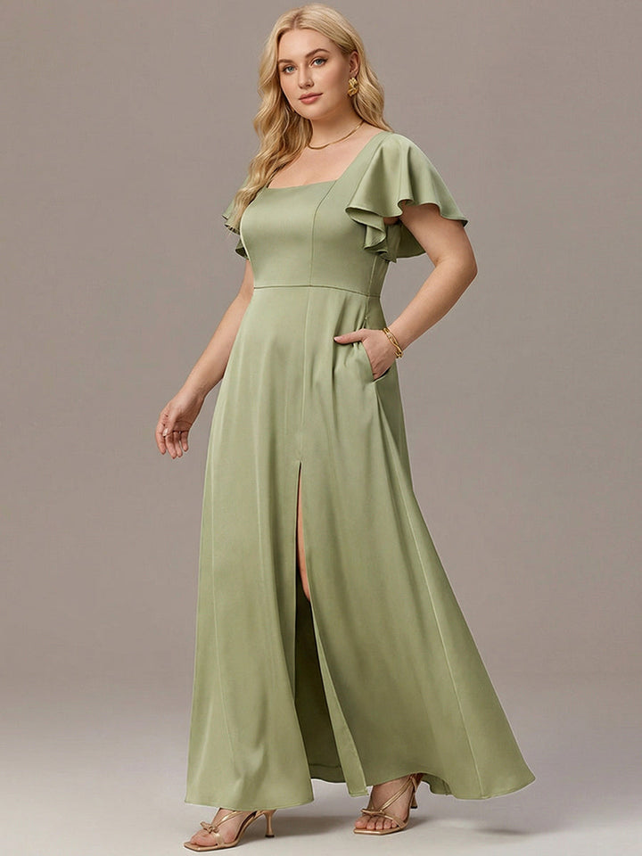 ever LIORIE|Satin Square Neck Short Sleeve Ruffled Maxi Bridesmaid Dress with Pockets