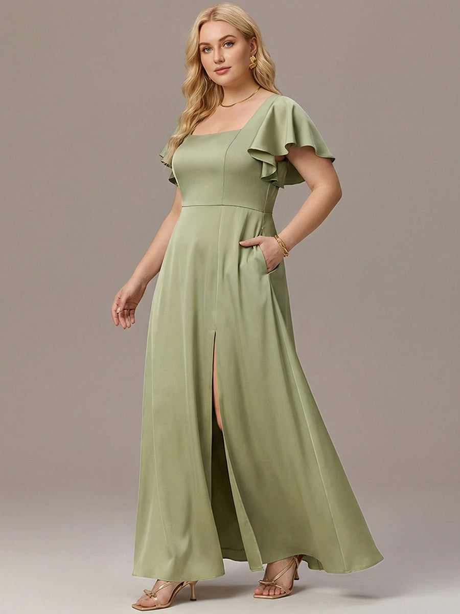 ever LIORIE|Plus Size Square Neck Flutter Sleeve Maxi Bridesmaid Dress with Pockets
