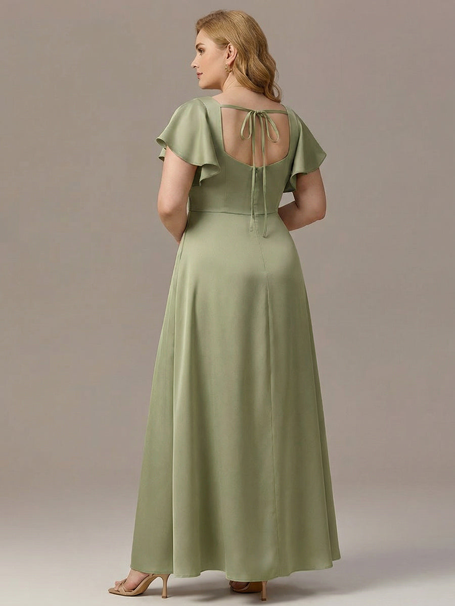 ever LIORIE|Satin Square Neck Short Sleeve Ruffled Maxi Bridesmaid Dress with Pockets