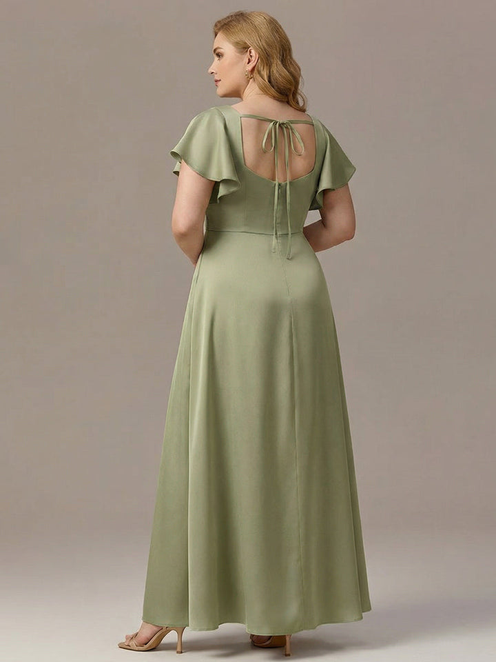 ever LIORIE|Satin Square Neck Short Sleeve Ruffled Maxi Bridesmaid Dress with Pockets