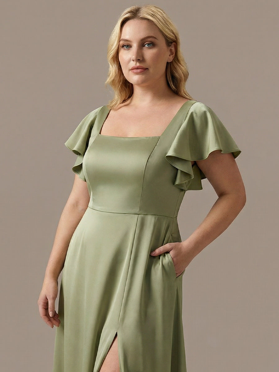 ever LIORIE|Satin Square Neck Short Sleeve Ruffled Maxi Bridesmaid Dress with Pockets