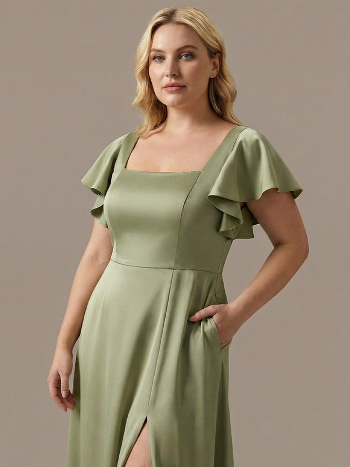 ever LIORIE|Satin Square Neck Short Sleeve Ruffled Maxi Bridesmaid Dress with Pockets