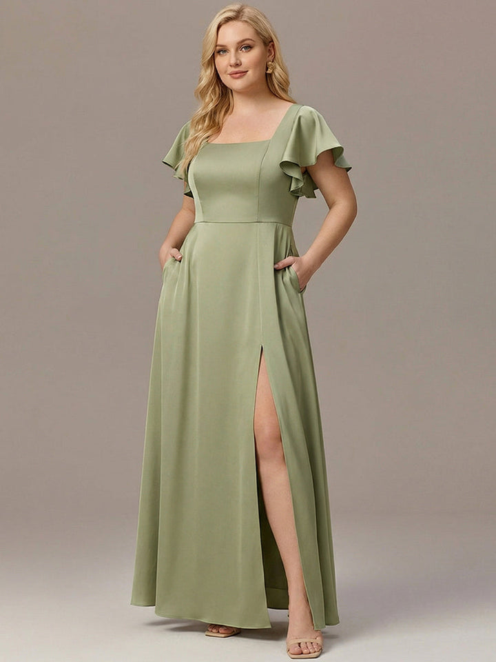 ever LIORIE|Plus Size Square Neck Flutter Sleeve Maxi Bridesmaid Dress with Pockets
