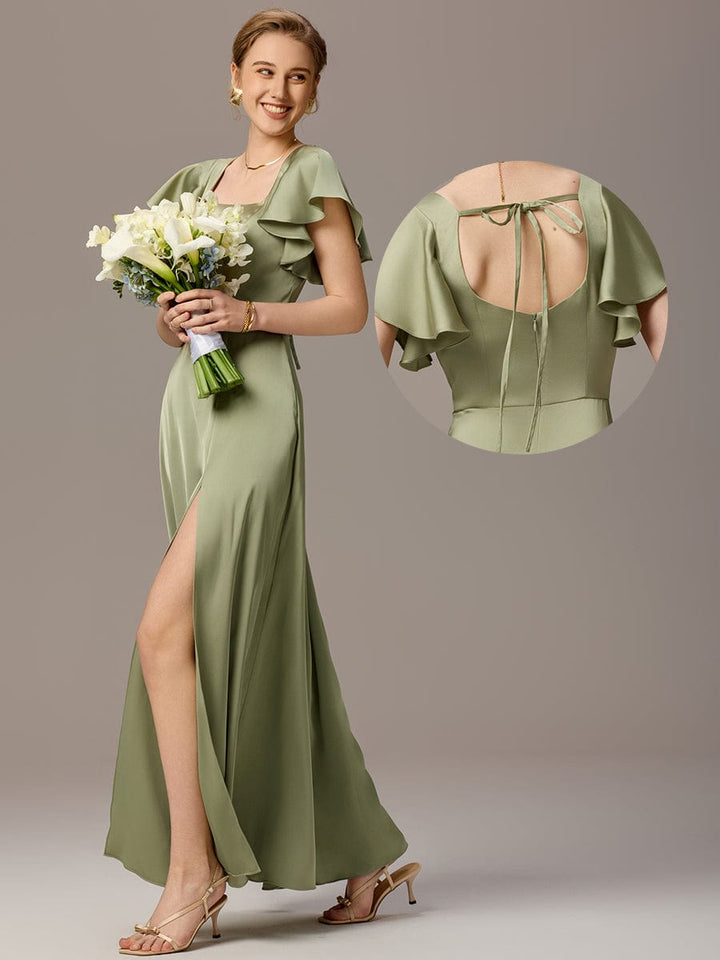 ever LIORIE|Satin Square Neck Short Sleeve Ruffled Maxi Bridesmaid Dress with Pockets