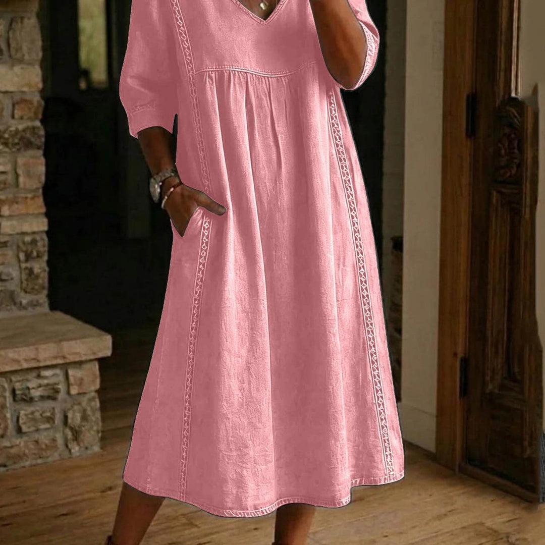 Carmen | Elegant Linen Maxi Dress with Ruched 3/4 Sleeves