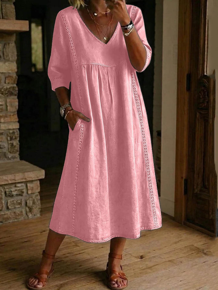 Carmen | Elegant Linen Maxi Dress with Ruched 3/4 Sleeves