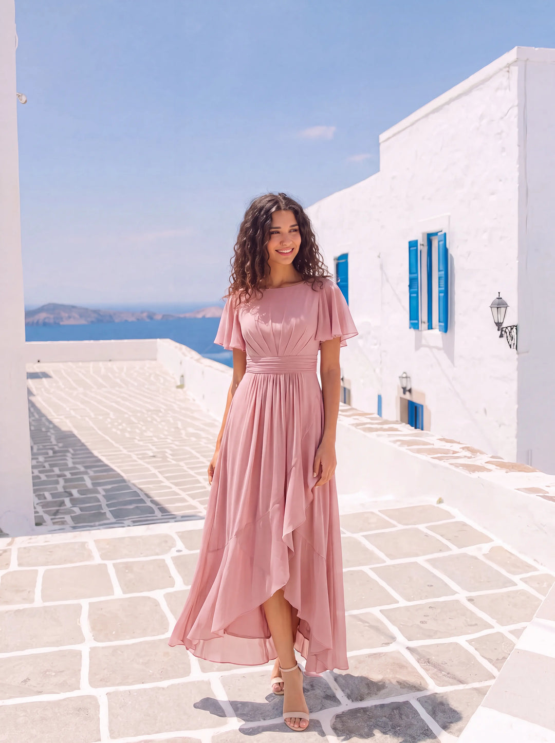 ever SAGE|Chiffon Ruffle Short Sleeve Wedding Guest Dress