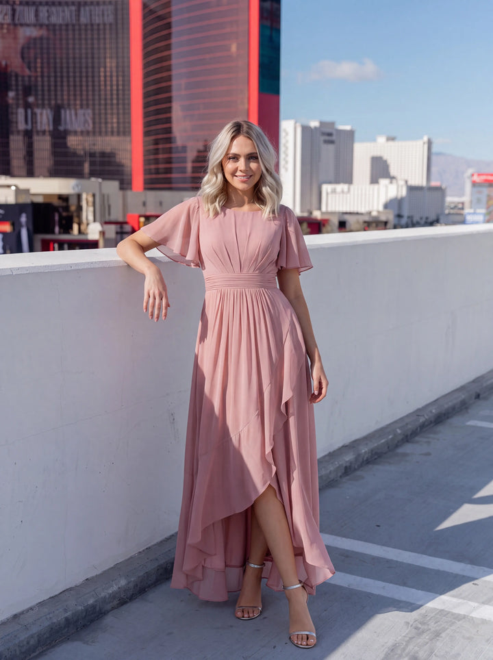 ever SAGE|Chiffon Ruffle Short Sleeve Wedding Guest Dress