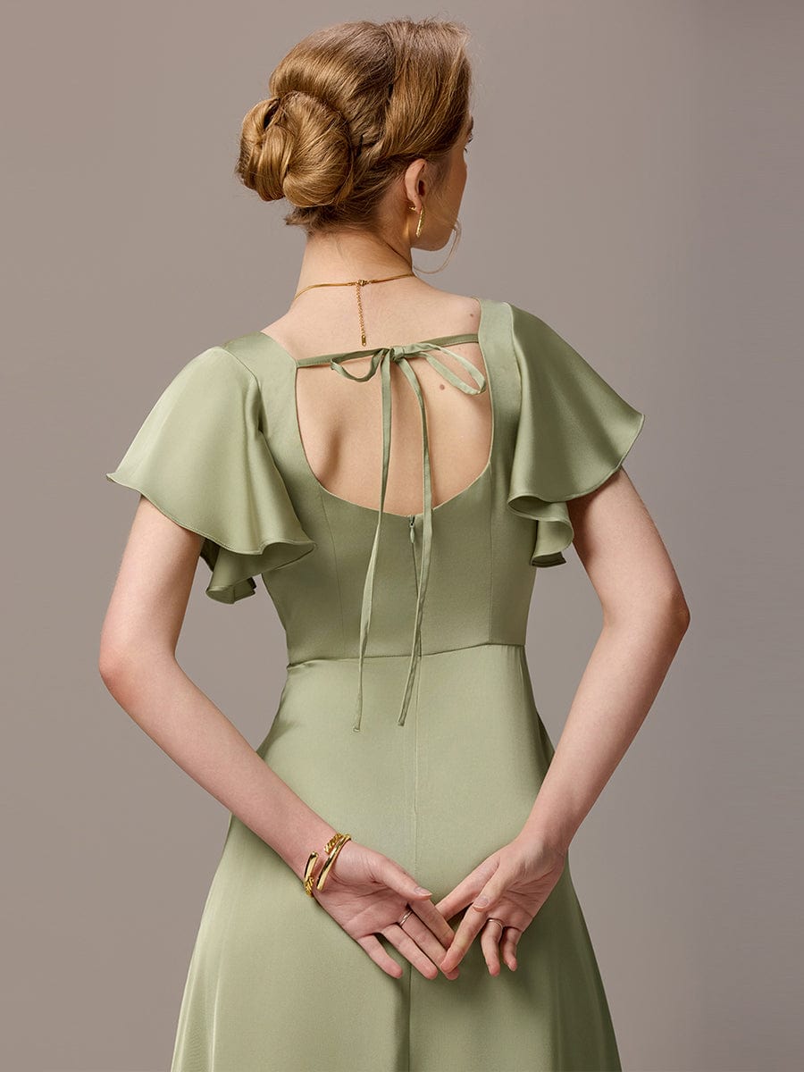 ever LIORIE|Satin Square Neck Short Sleeve Ruffled Maxi Bridesmaid Dress with Pockets