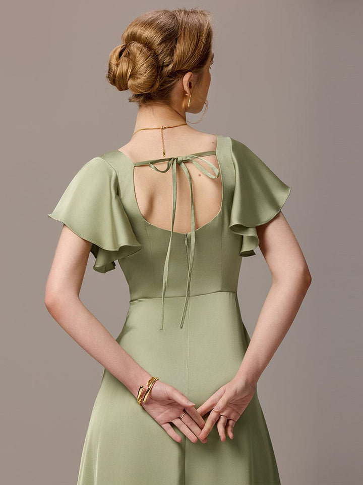 ever LIORIE|Satin Square Neck Short Sleeve Ruffled Maxi Bridesmaid Dress with Pockets