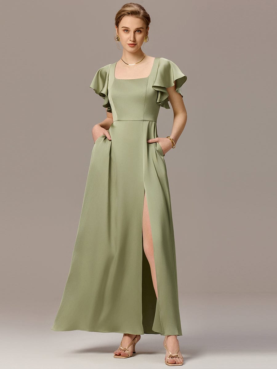 ever LIORIE|Satin Square Neck Short Sleeve Ruffled Maxi Bridesmaid Dress with Pockets