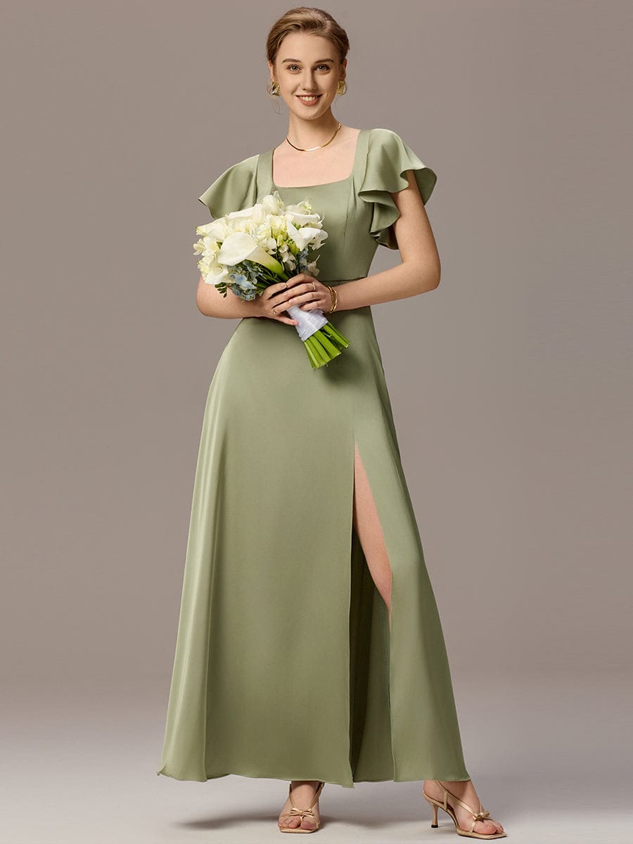 ever LIORIE|Satin Square Neck Short Sleeve Ruffled Maxi Bridesmaid Dress with Pockets
