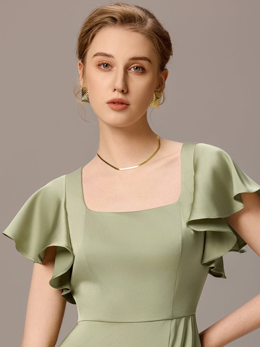 ever LIORIE|Satin Square Neck Short Sleeve Ruffled Maxi Bridesmaid Dress with Pockets